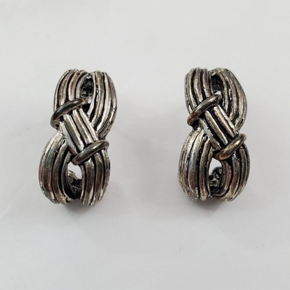 Rope Hoop Earrings‎ Silver Tone Classic Stud Pierce